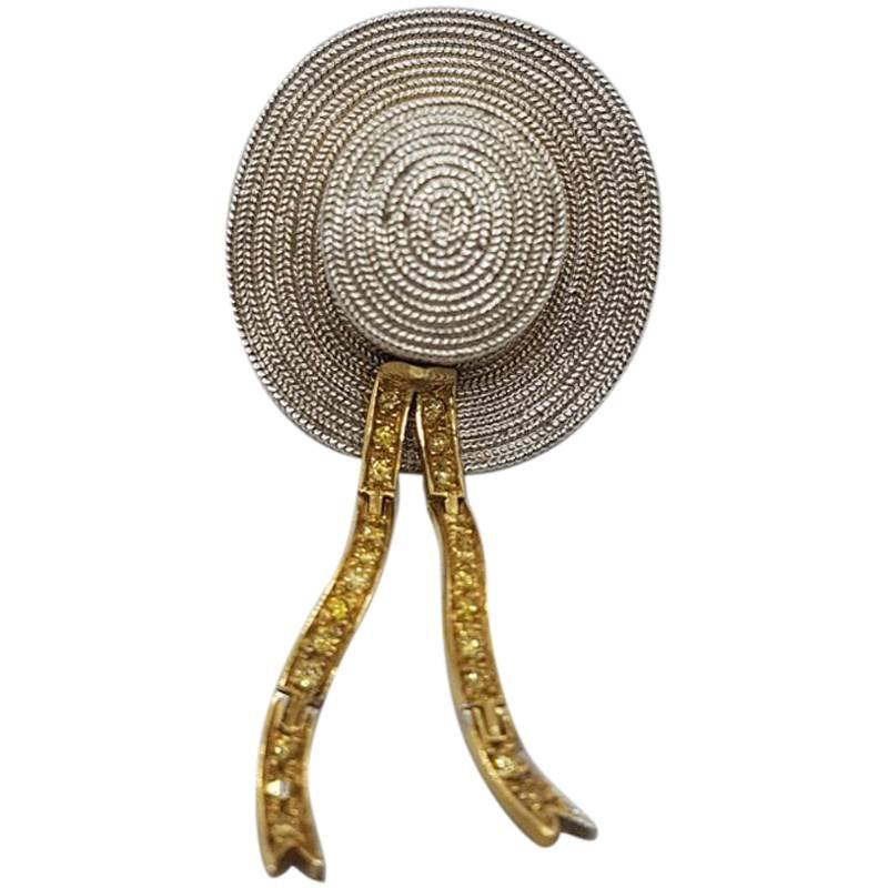 White and Yellow Gold Venetian Gondolier Hat Broach and Pendant with Diamonds For Sale
