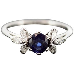 Vintage Platinum Ladies Ring with Blue Sapphire and Diamonds, 1950s