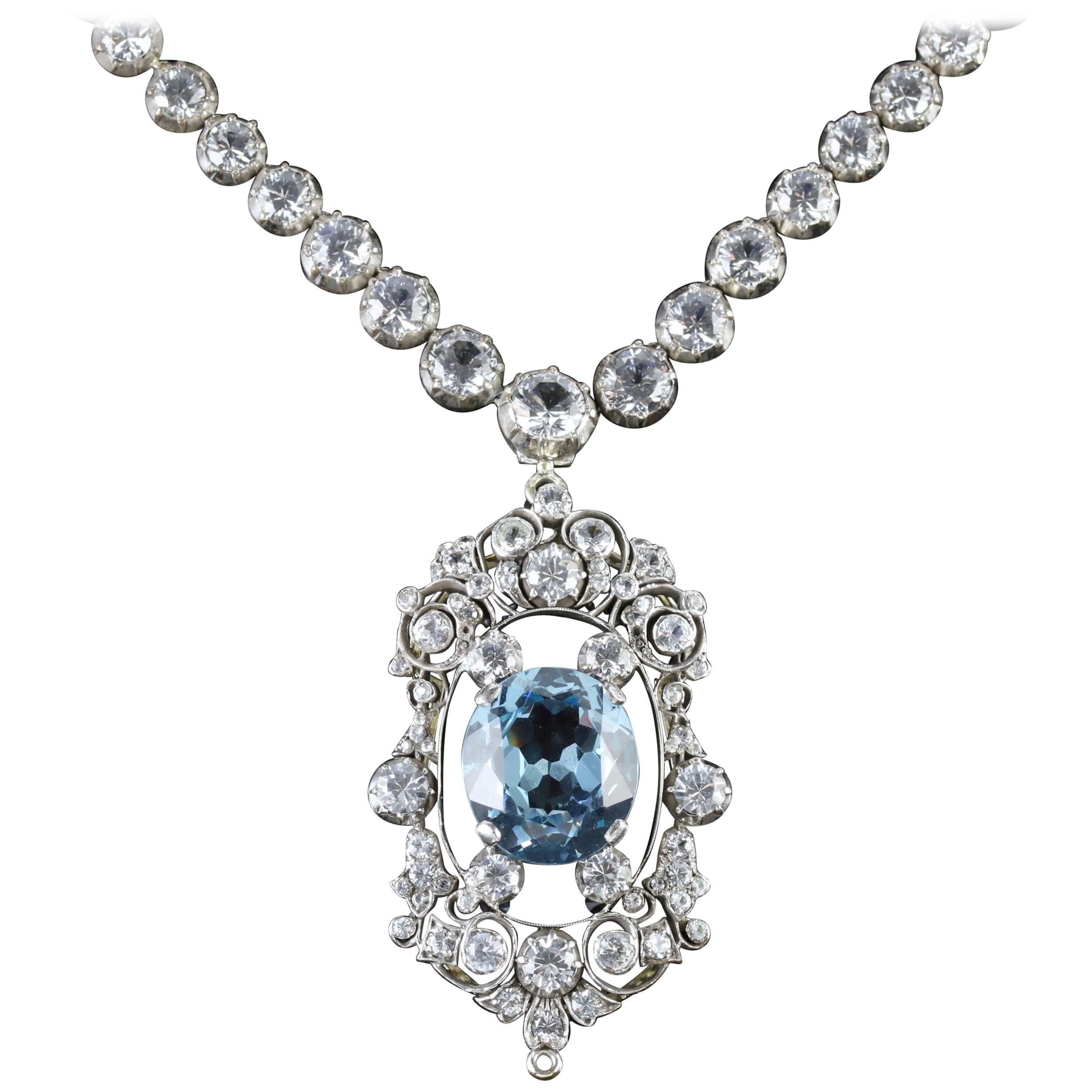 Antique French Victorian Blue White Topaz Necklace Collar, circa 1900 For Sale