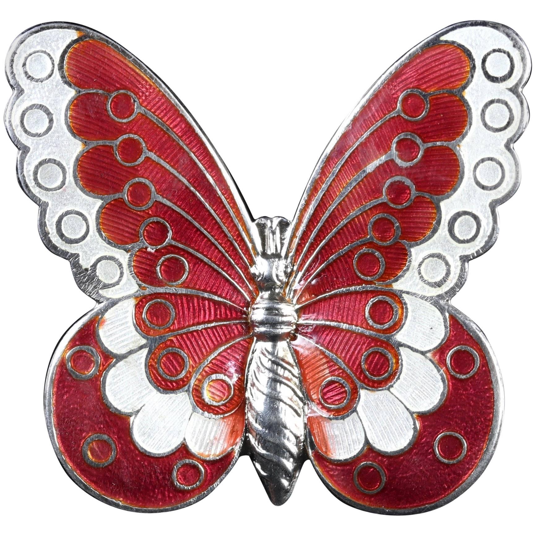 Antique Victorian Red White Enamel Butterfly Brooch, circa 1900