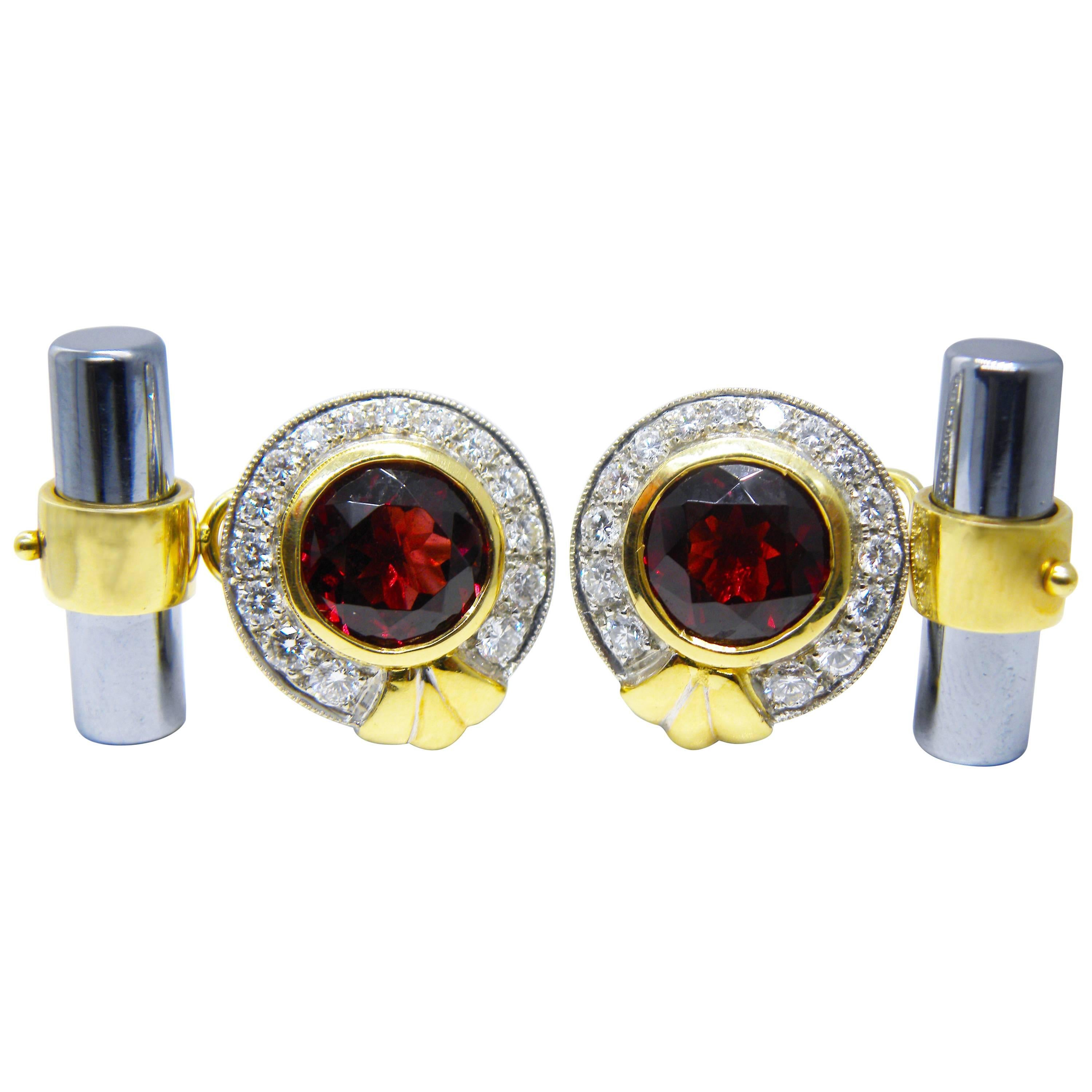 Berca Red Garnet White Diamond Hematite Stick Back White Gold Setting Cufflinks For Sale