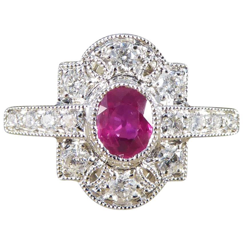 Art Deco Style Ruby Diamond 18 Carat White Gold Ring