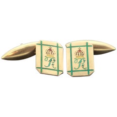 Vintage Mappin and Webb Royal 9 Karat Gold and Enamel Cuff Links, circa 1970s