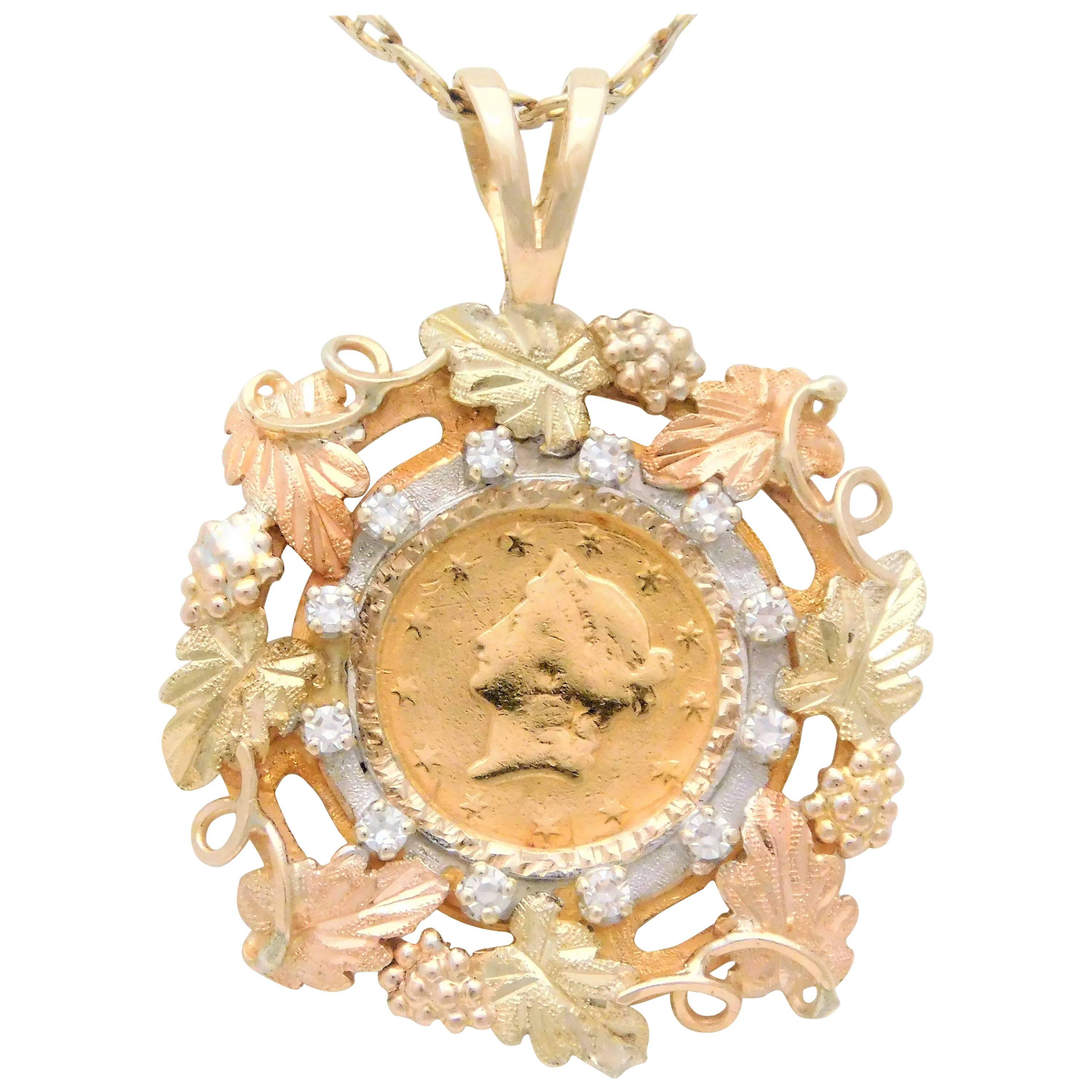 Early Victorian 1851 US Gold Dollar Coin Diamond Vineyard Pendant
