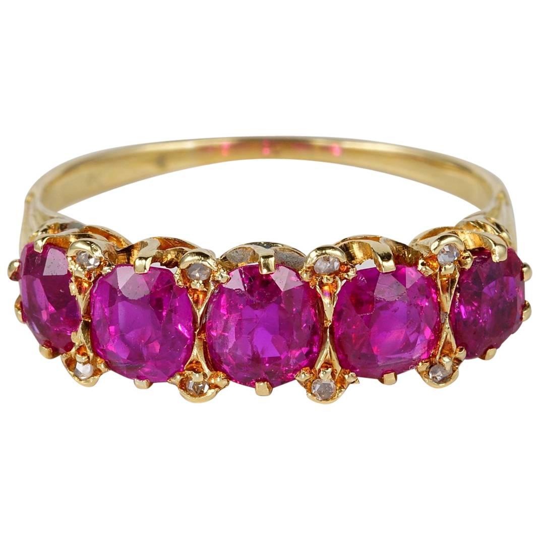 Certified Burma Rubies English Victorian Five-Stone Rare Ring For Sale