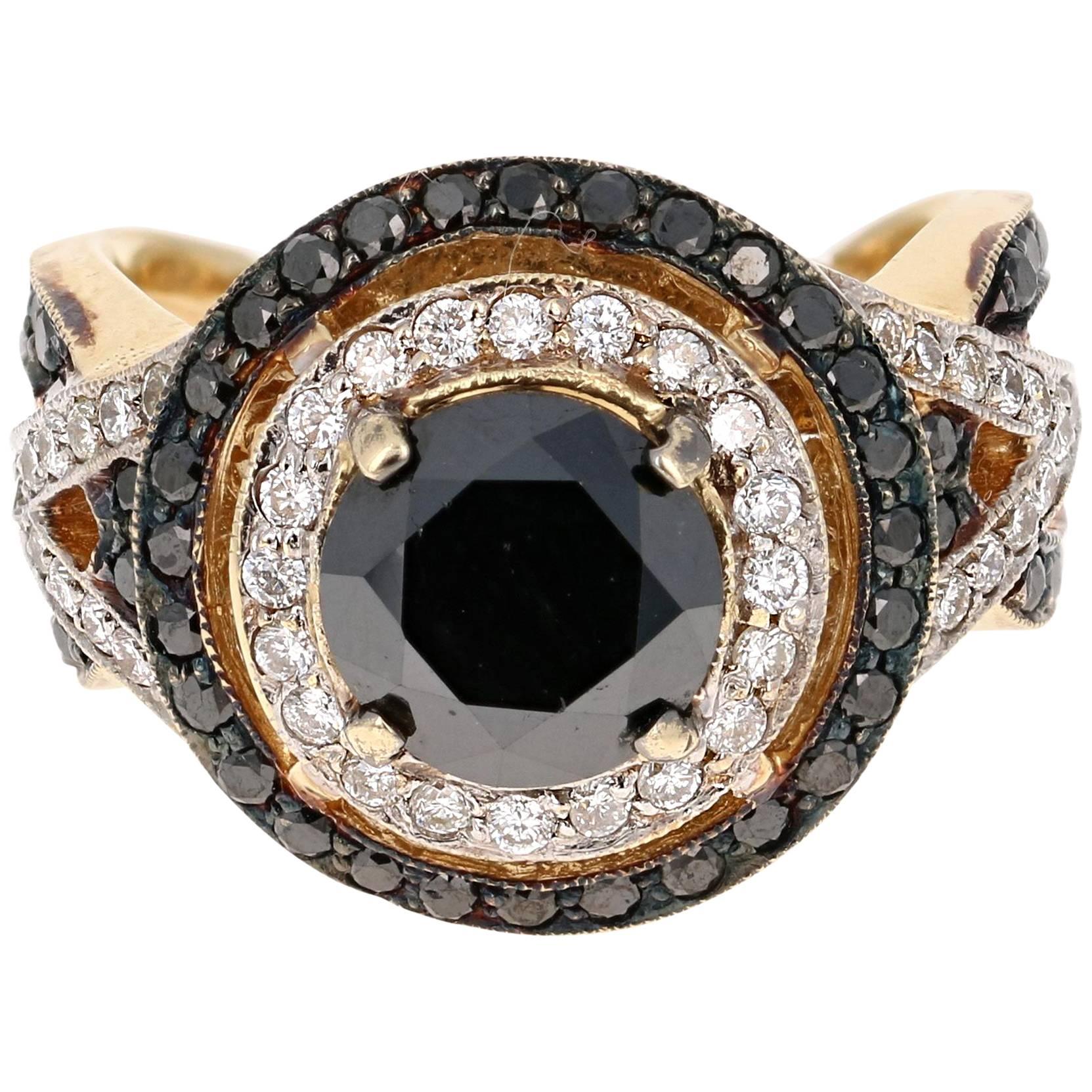 4.19 Carat Round Cut Black Diamond Yellow Gold Bridal Ring