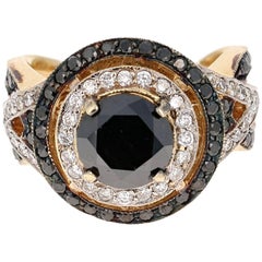 4.19 Carat Round Cut Black Diamond Yellow Gold Bridal Ring