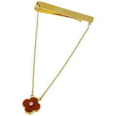 Van Cleef & Arpels 18 Karat Yellow Gold Vintage Alhambra Diamond Coral Tie Pin 