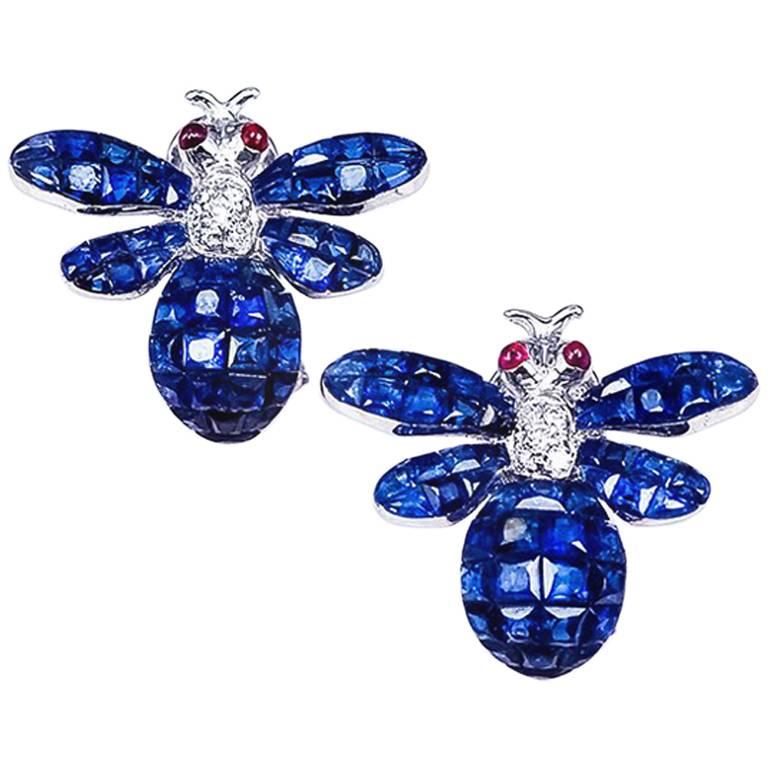 18K White gold invisible Sapphire Bee Earrings