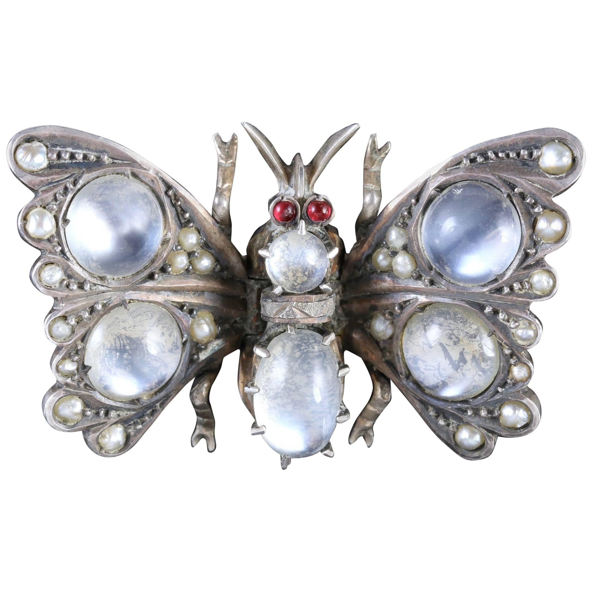 Antique Victorian Moonstone Pearl Garnet Butterfly Brooch, circa 1880