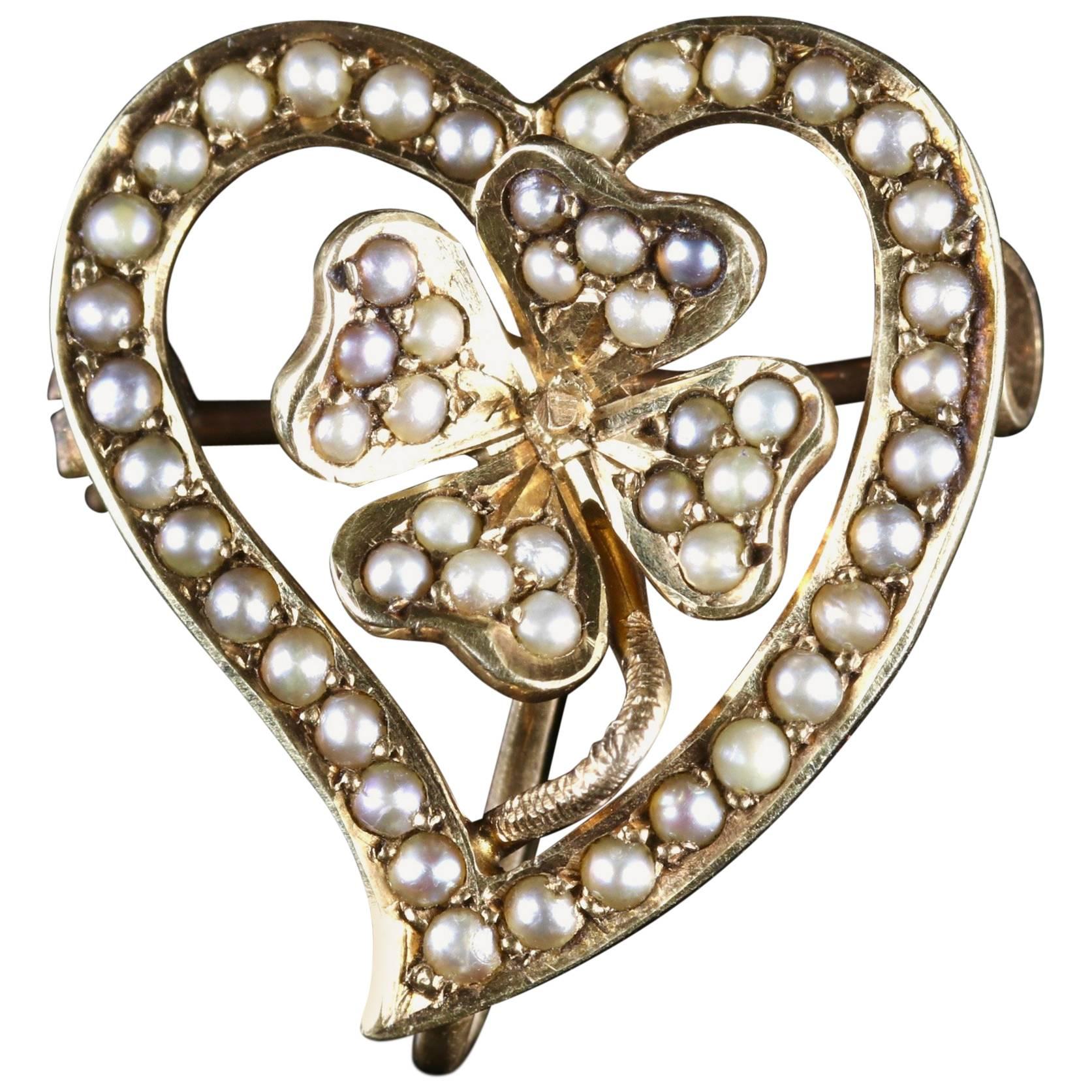 Antique Witches Heart Pearl Brooch 14 Carat Gold, circa 1900