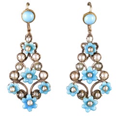Antique Victorian Turquoise Pearl Forget Me Not Drop Earrings, circa 1900