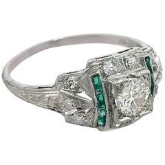 .50 Carat Diamond .25 Carat Total Weight Deco Emerald Engagement Ring Platinum