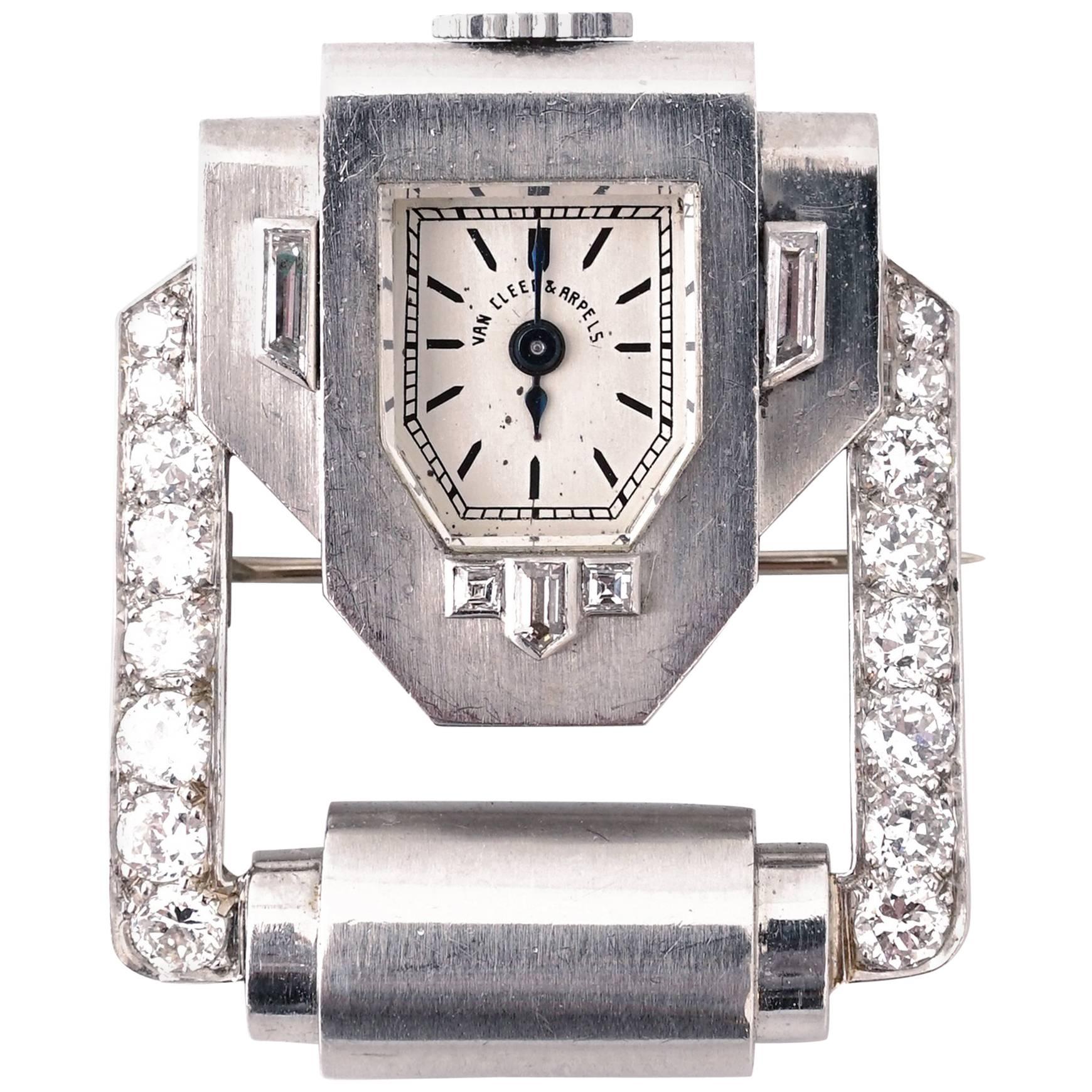 Van Cleef & Arpels, Verger Frères Art Deco Platinum and Diamond Brooch Watch