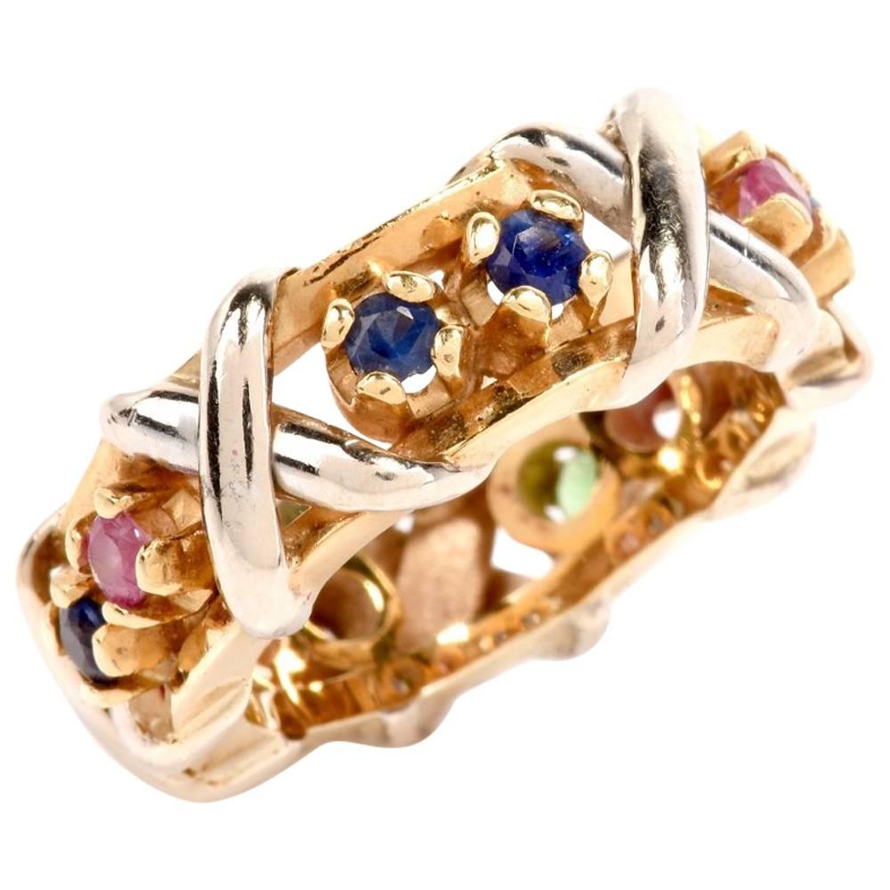 Estate Sapphire Emerald Two-Tone Gold Band Ring
