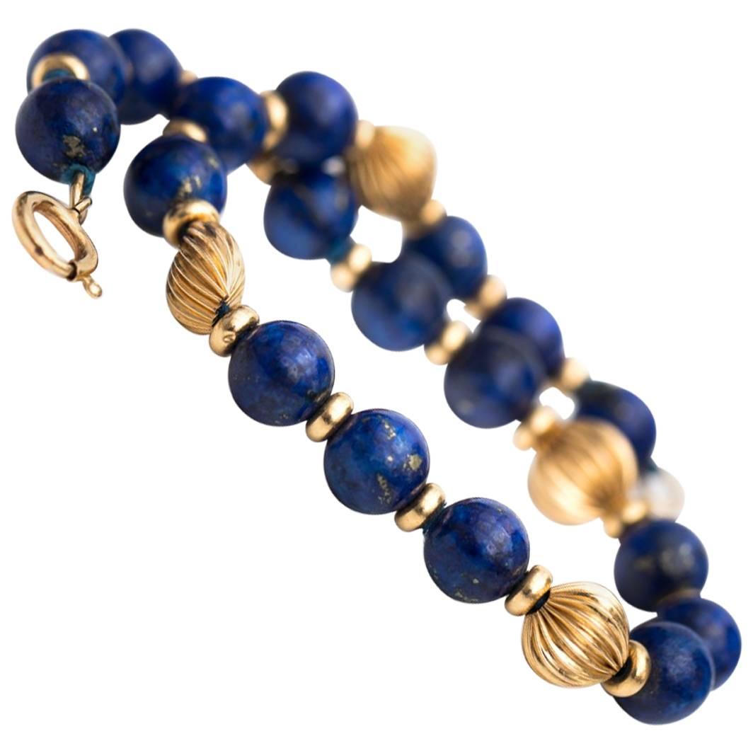 1970s Lapis Lazuli and 14 Karat Gold Bead Bracelet