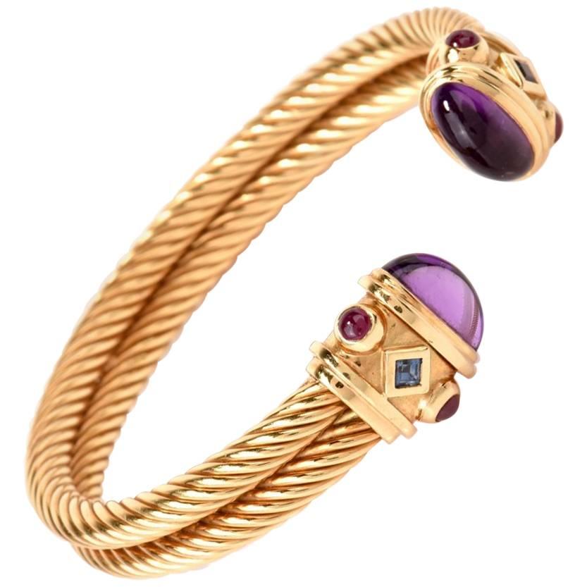  1980’s Cable Wire Cabochon Amethyst Ruby Sapphire 18k-Gold Cuff Bracelet