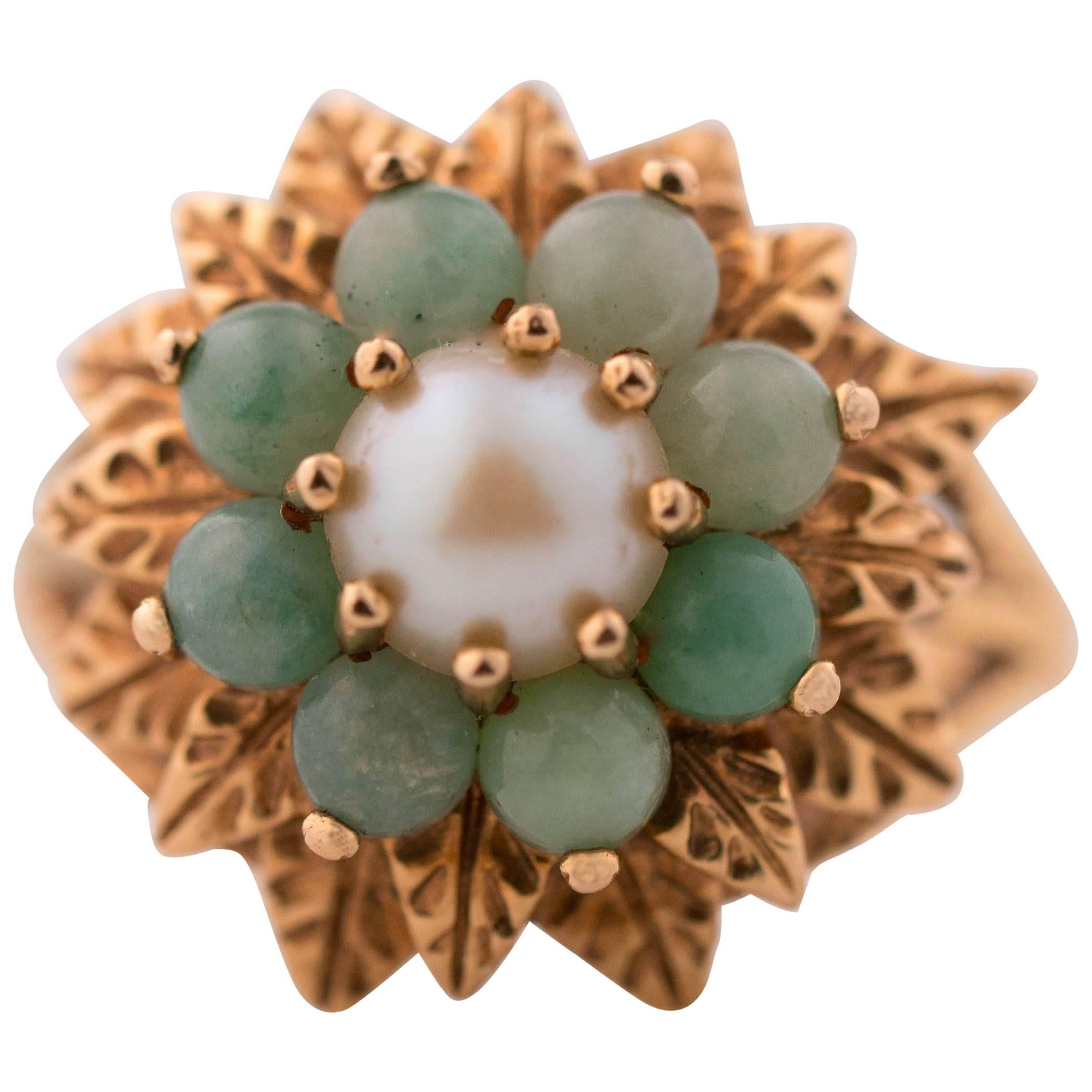 1950s Jade and Pearl 14 Karat Gold Floral Ring