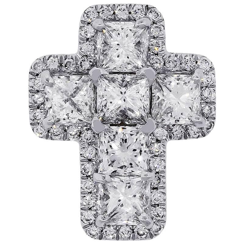 Princess Cut Halo Diamond Cross Pendant