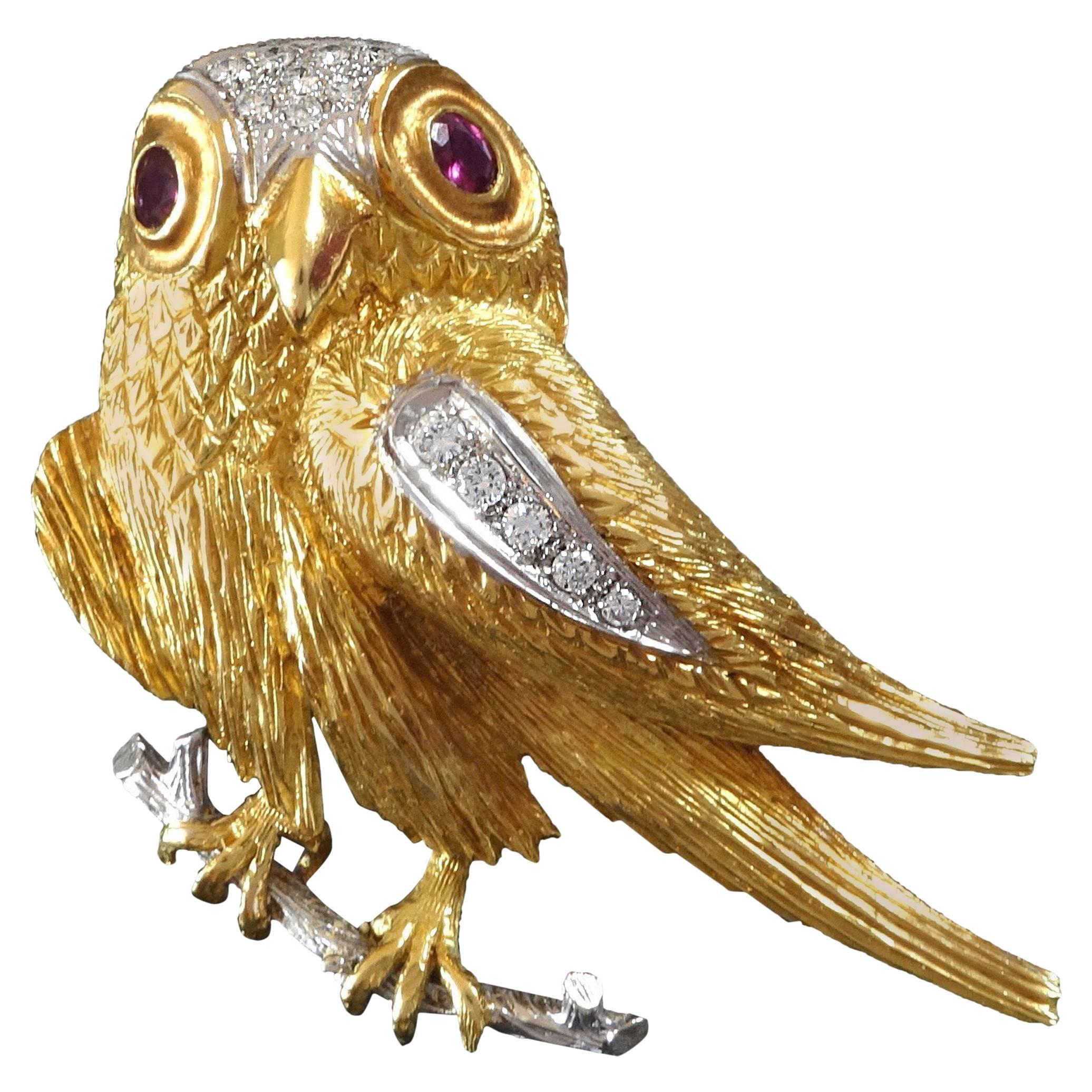 1970s Diamond Ruby Gold Falcon Bird Brooch Pin For Sale