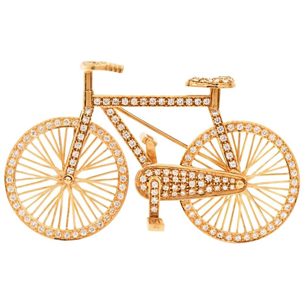1980s Diamond 18 Karat Gold Bicycle Figurine Pin Brooch