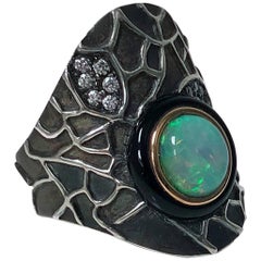Diamond Opal Onyx Silver and Gold Ring