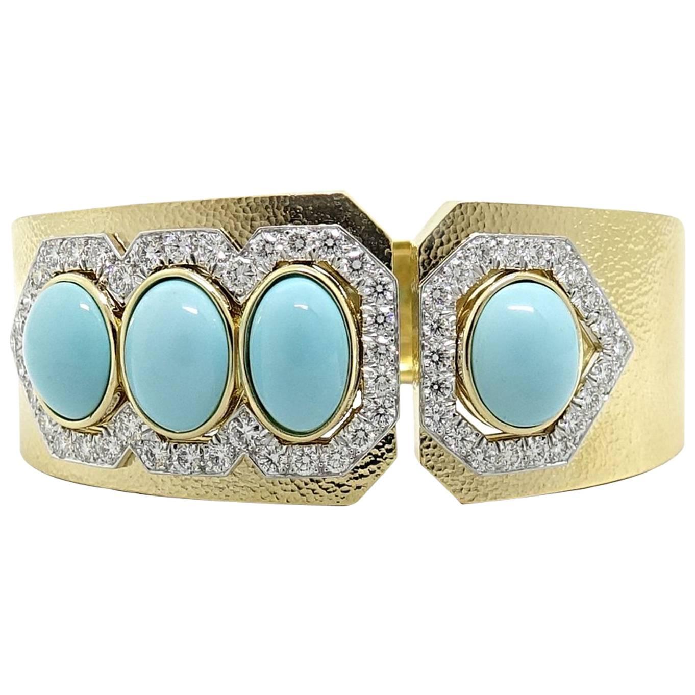 David Webb Turquoise and Diamonds Yellow Gold Cuff For Sale