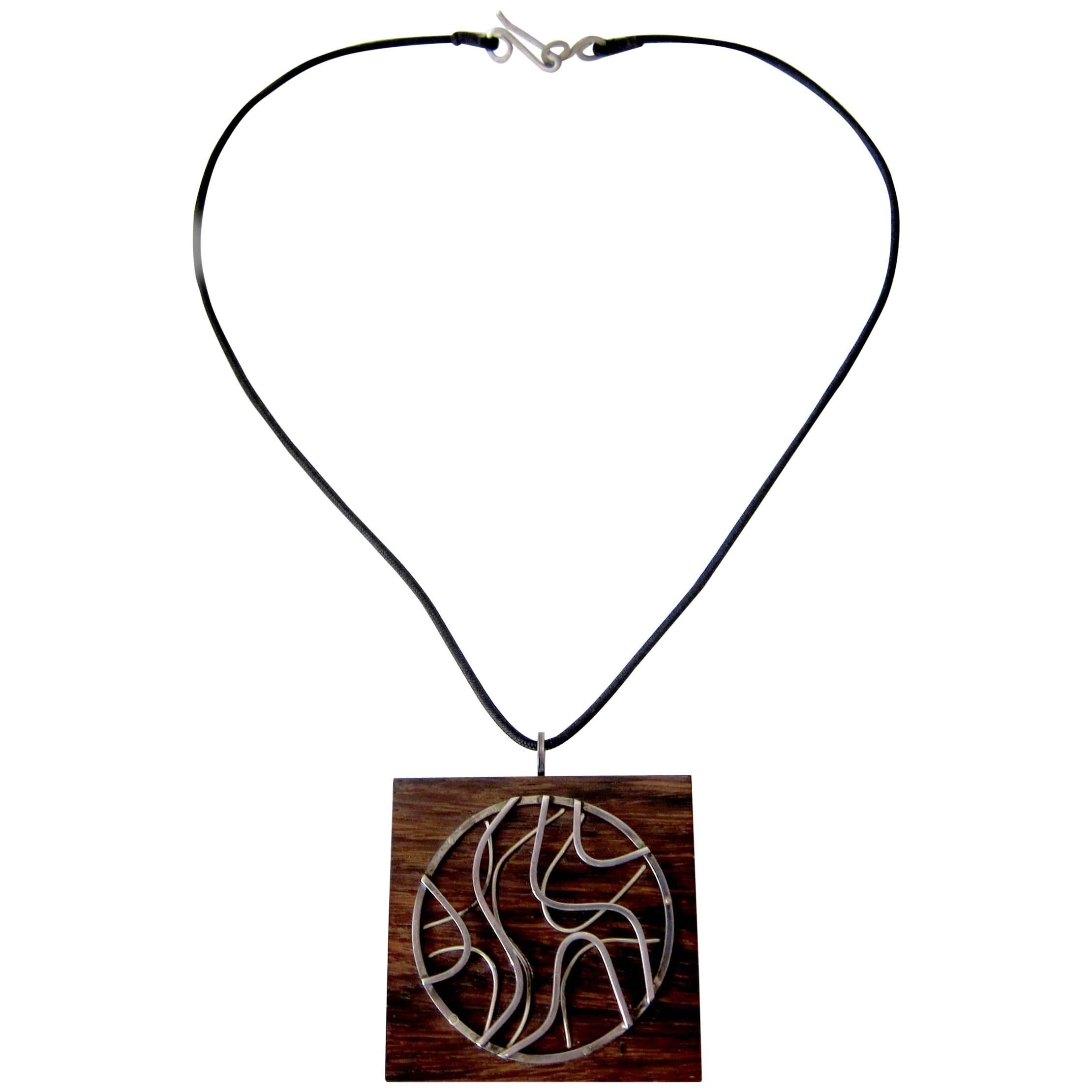 Milton Cavagnaro Sterling Silver Exotic Wood California Modernist Necklace For Sale