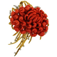 Coral Diamond Yellow Gold Pin Brooch Clip, 1970s