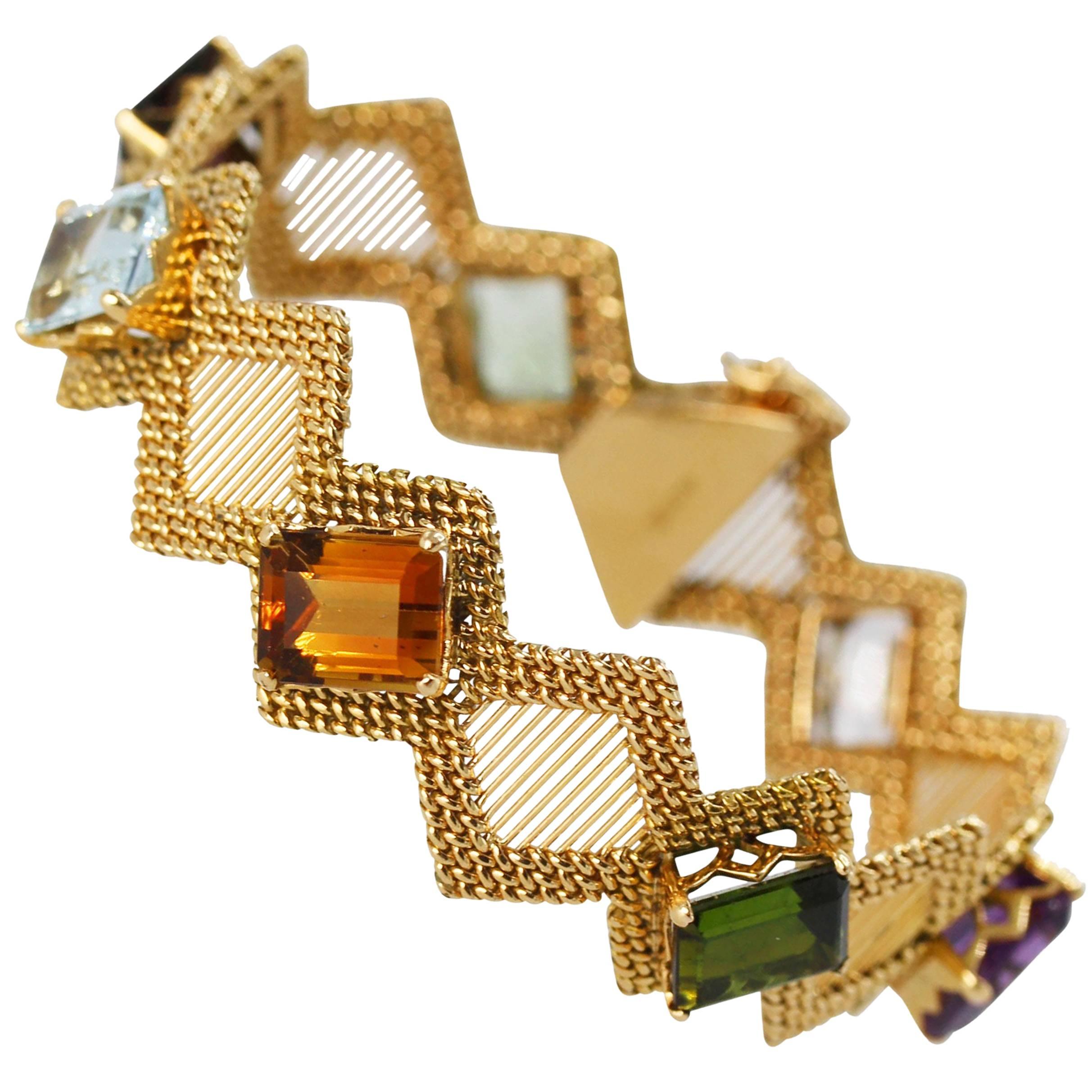 1960s Natural Multicolored Gemstone and Gold Bracelet