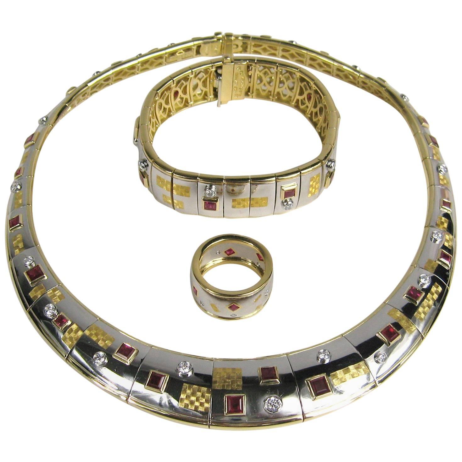 Michael Bondanza Platinum Gold Ruby Diamond Necklace, Bracelet and Ring
