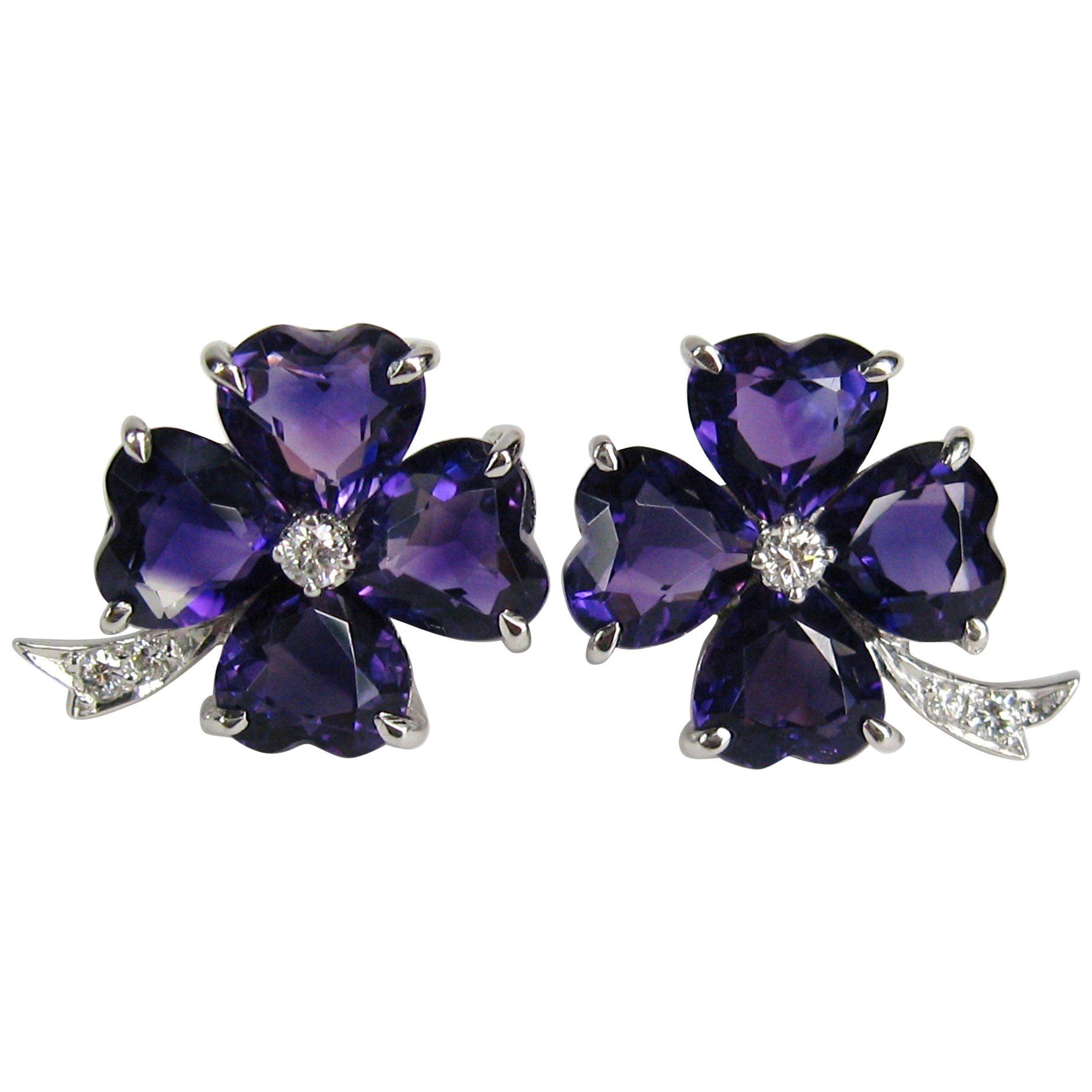 Platinum Diamond Heart Amethyst Clover Earrings