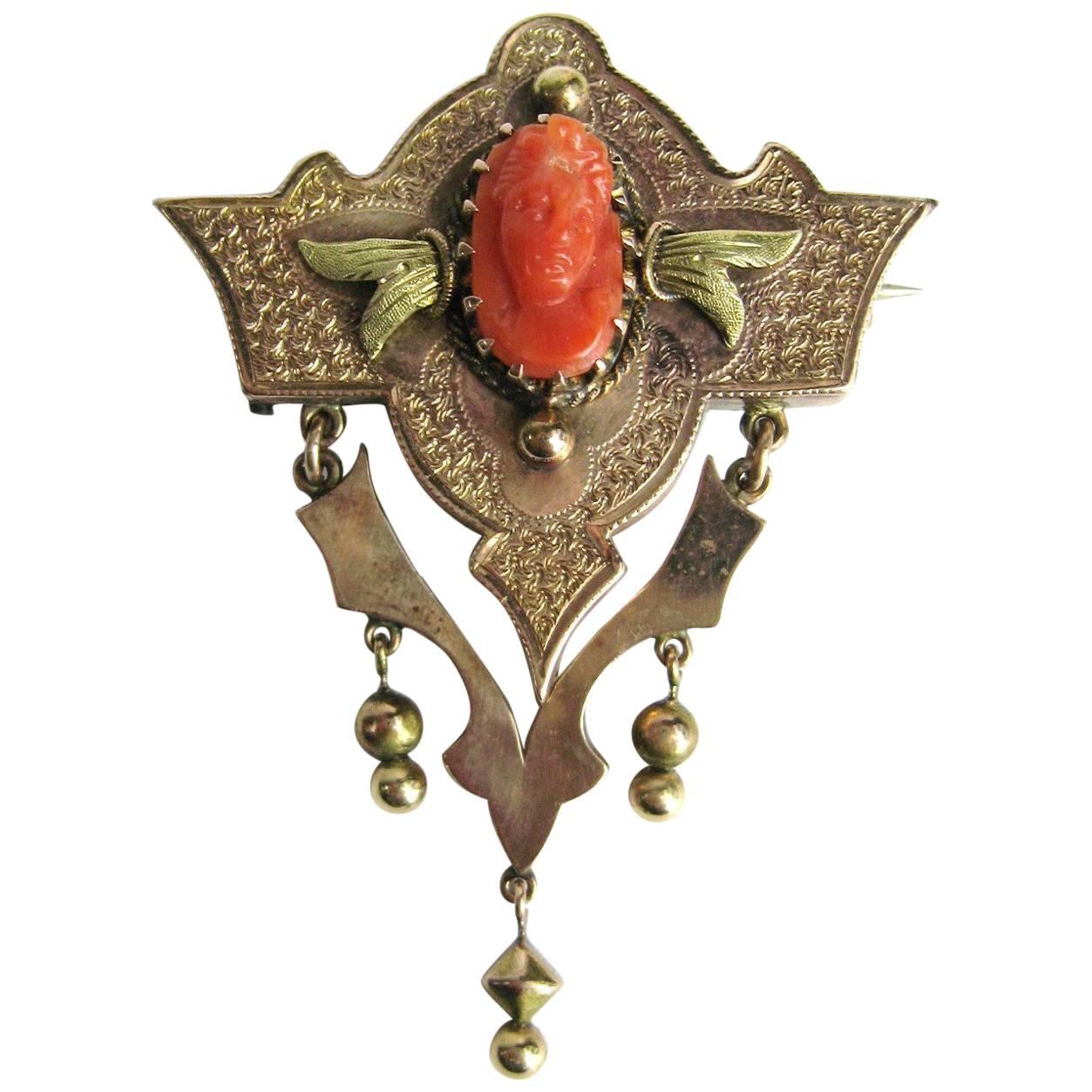 14 Karat Gold Coral Cameo Brooch Pin Pendant Victorian  For Sale