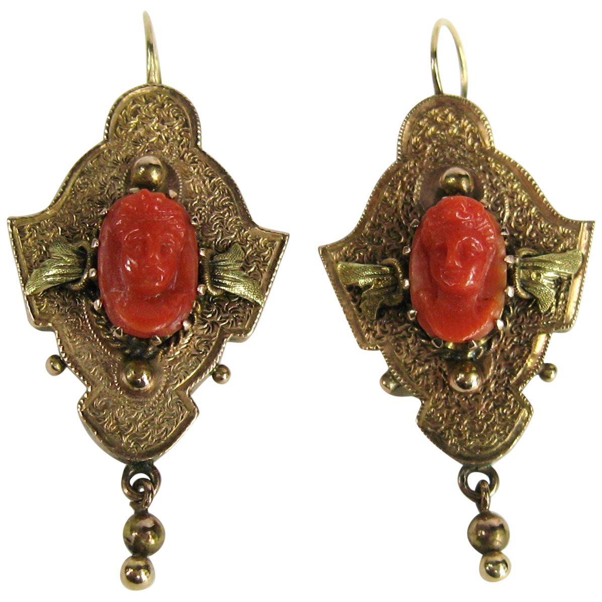 14 Karat Gold Coral Carved Antique Cameo Earrings