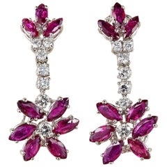 Vintage Flower Ruby Diamond Drop Earrings