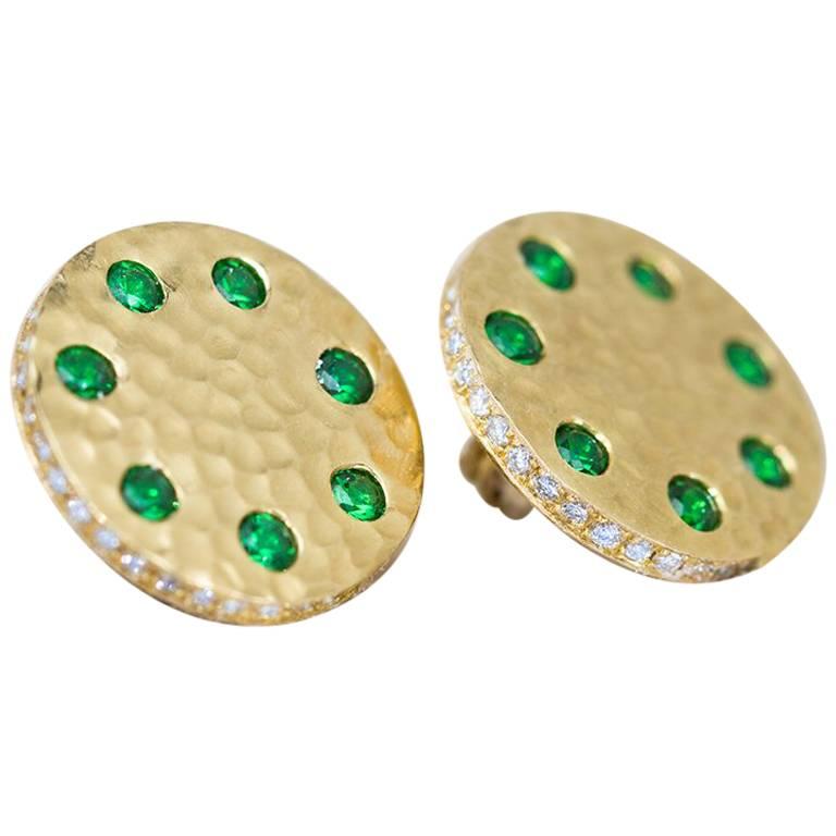 Tsavorite and Micropavé Diamond 18 Karat Gold Stud Earrings For Sale