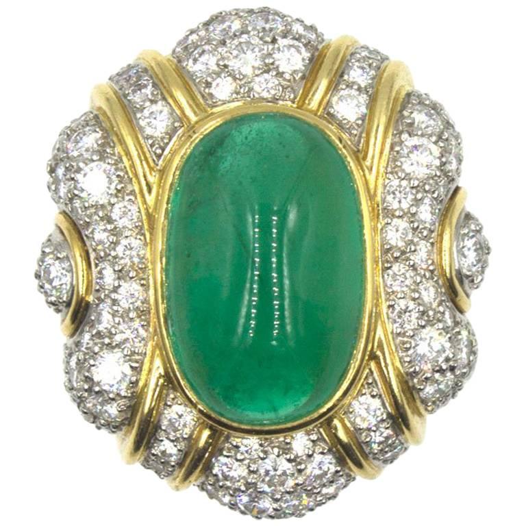 1970s Cabochon Emerald Diamond Cocktail Ring