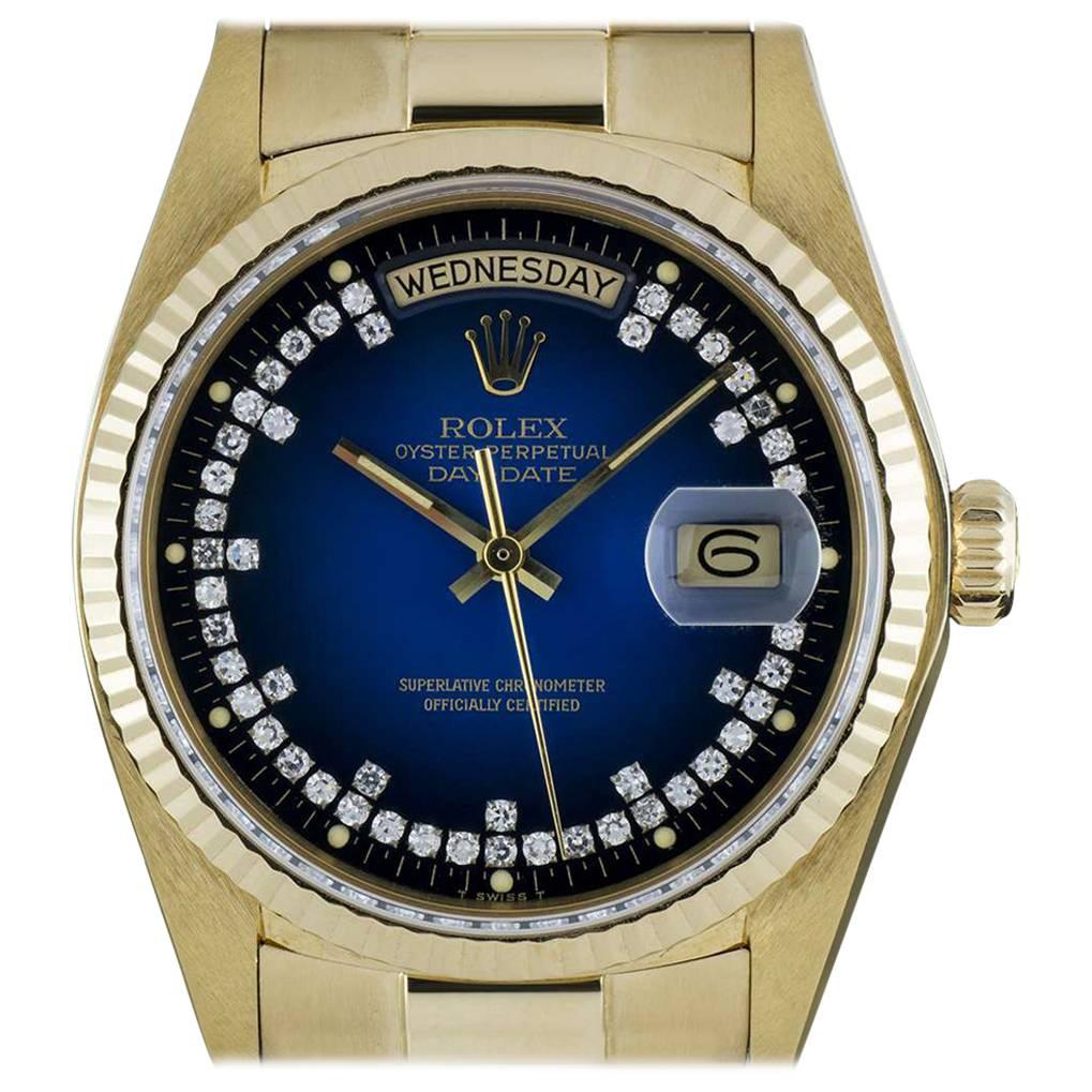 Rolex Gold Blue Vignette String Diamond Dial Day-Date 18038 Automatic Watch