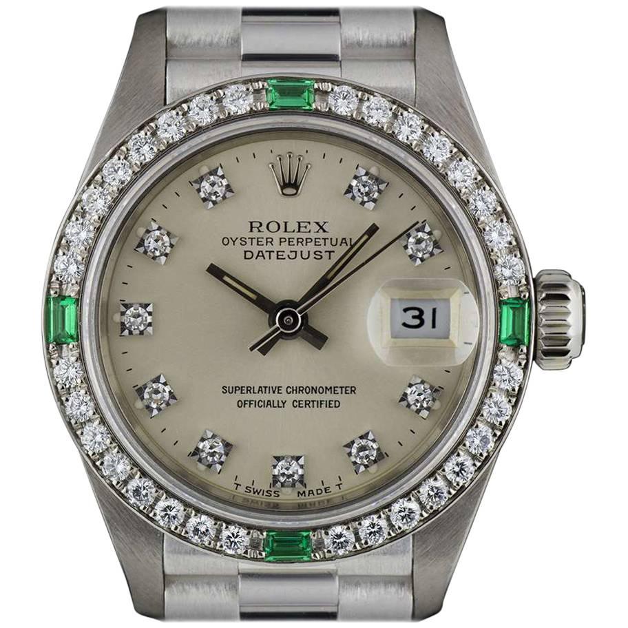 Rolex White Gold Diamond and Emerald Set Datejust 69079 Automatic Ladies Watch