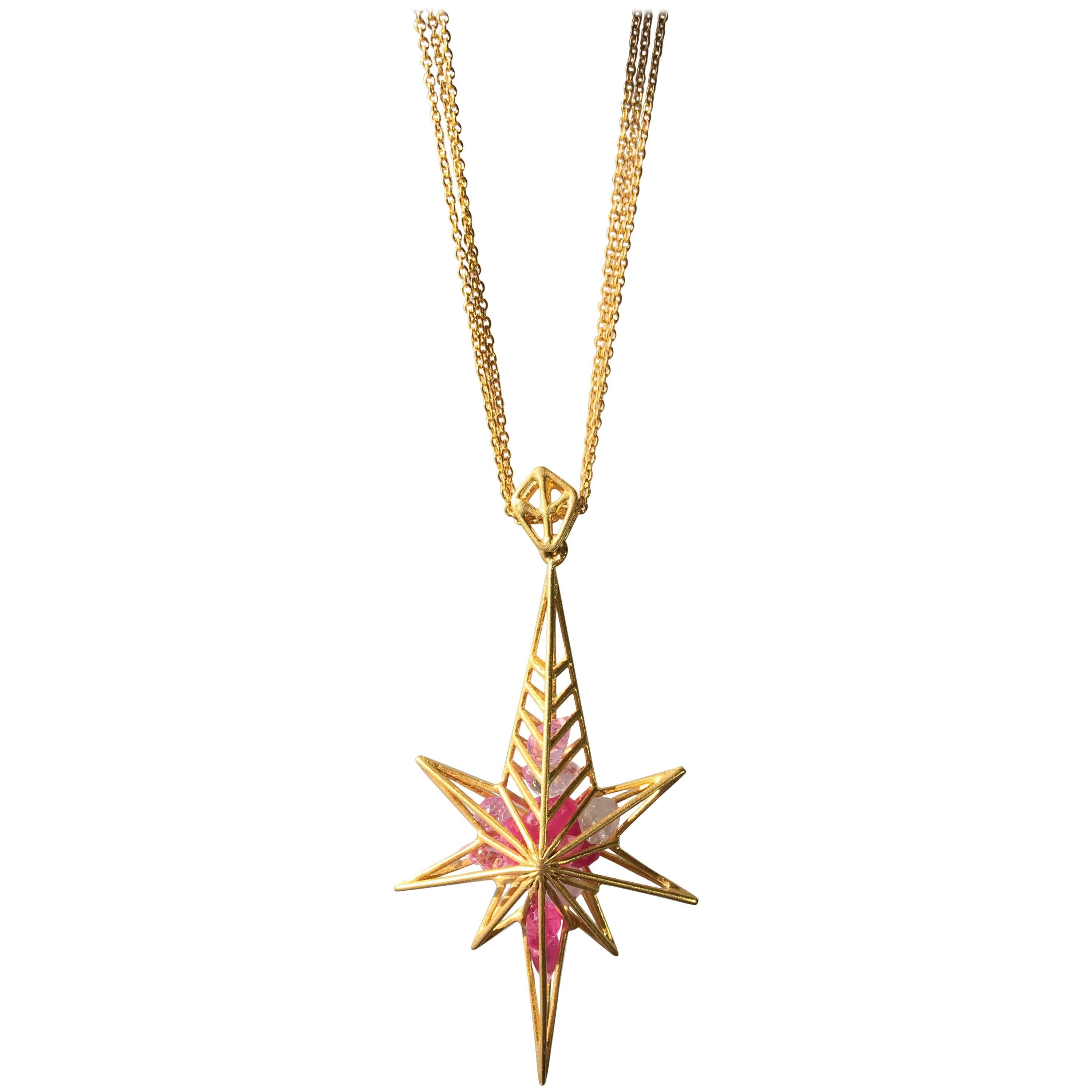 Pink Sapphire in 18kt Gold Star Necklace on Gold Chains by Lauren Harper For Sale