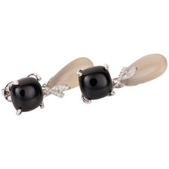 Black Onyx, Chalcedony and Diamond 18 Karat White Gold Drop Earrings