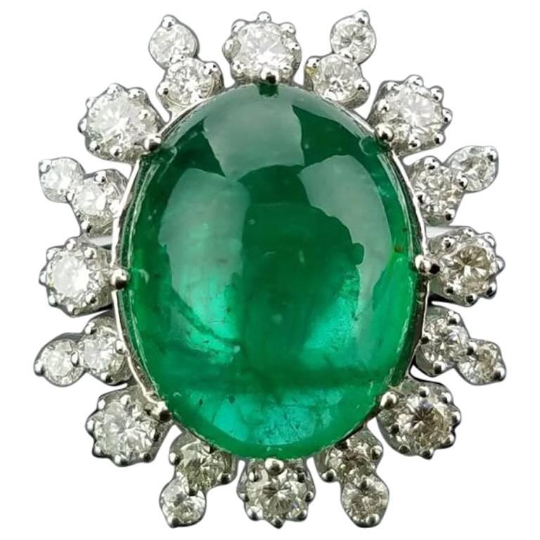 12 Carat Cabochon Emerald and Diamond Cocktail Ring