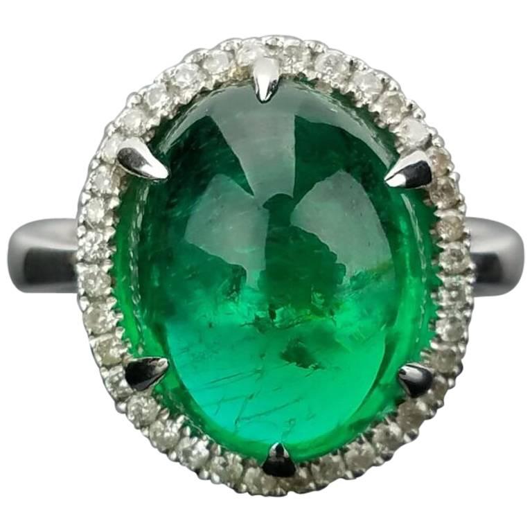 7.46 Carat Cabochon Emerald and Diamond Ring at 1stDibs