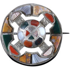 Antique Scottish Agate Silver Victorian Brooch, circa 1860