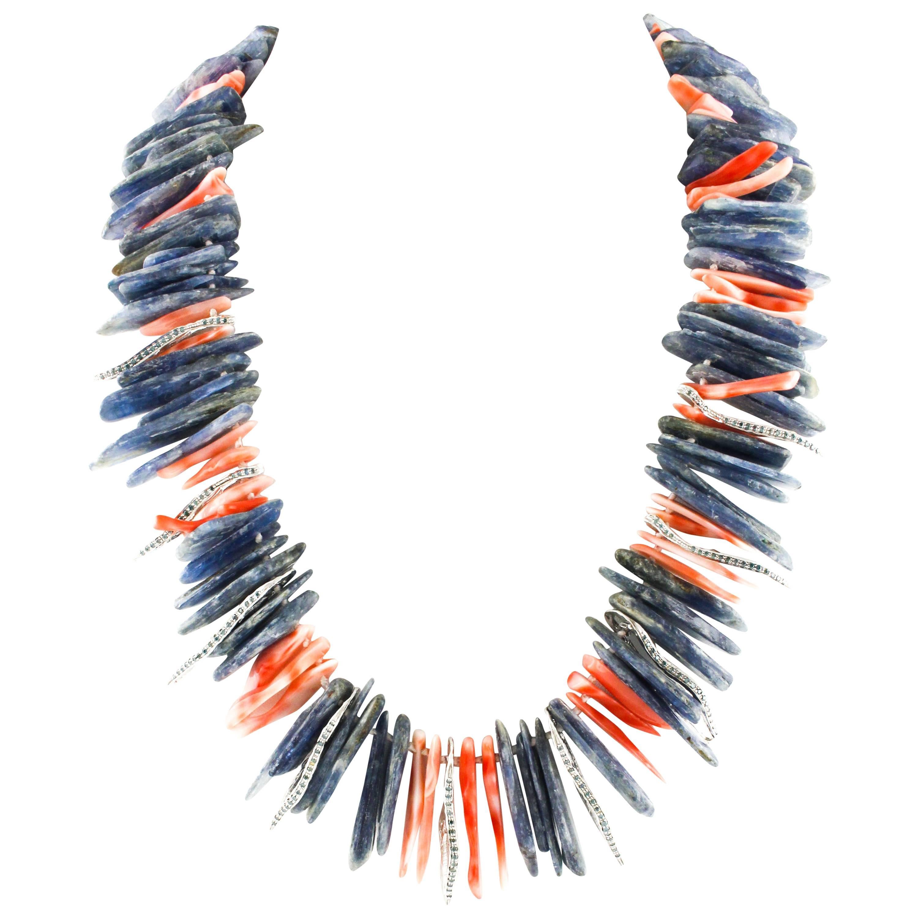 Orange Coral, Kyanite Stones, Diamonds, White Gold Scraps Retrò Necklace For Sale