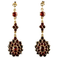 Antique Victorian Bohemian Garnet Gold Long Drop Earrings, circa 1900