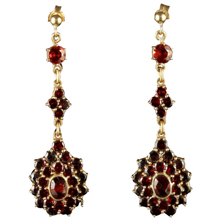 Antique Victorian Bohemian Garnet Gold Long Drop Earrings, circa 1900 at 1stdibs