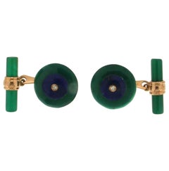 Set of Round Green Agate Yellow Gold Diamonds Cufflinks