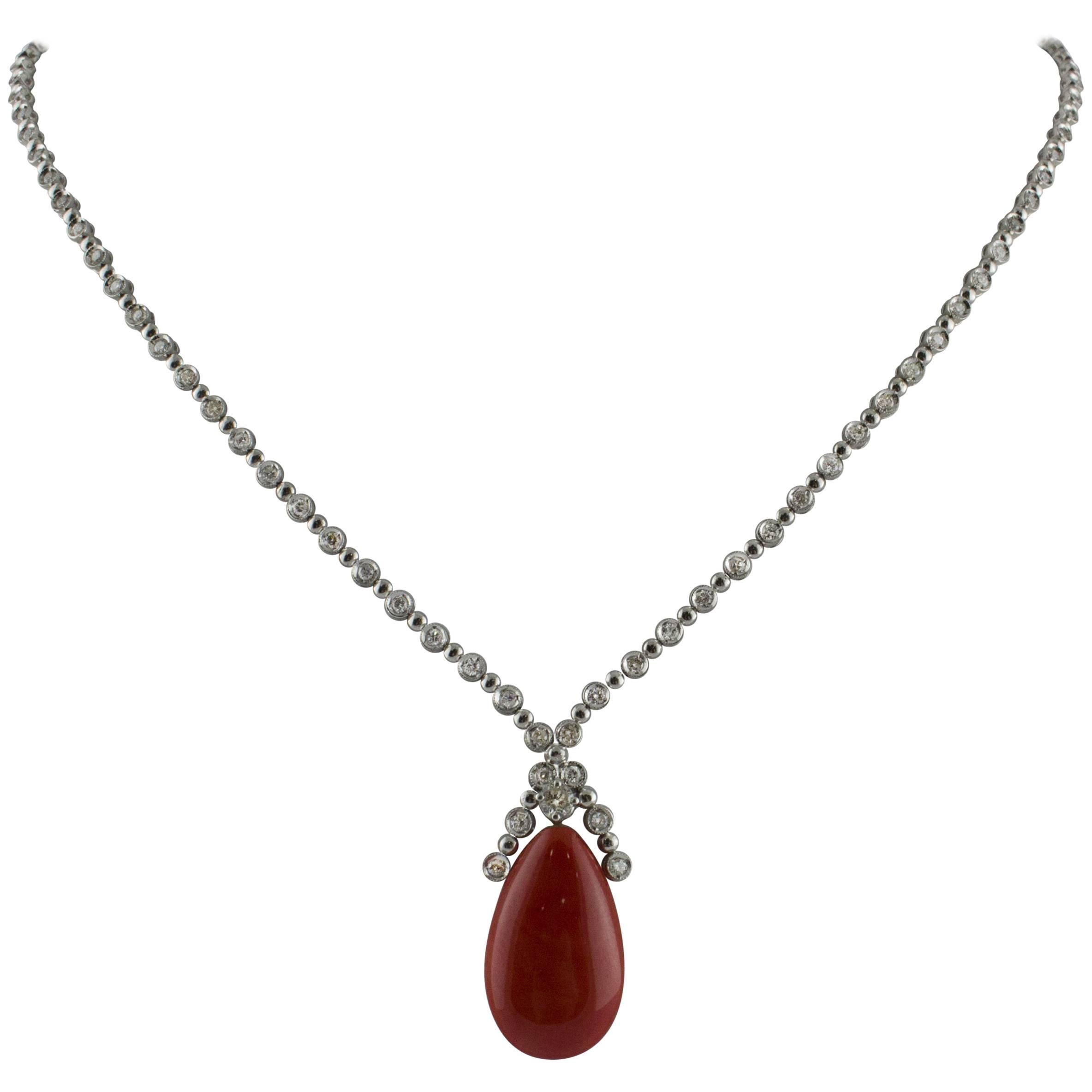Diamonds, Red Coral Drop, 14K White Gold Drop Pendant Necklace