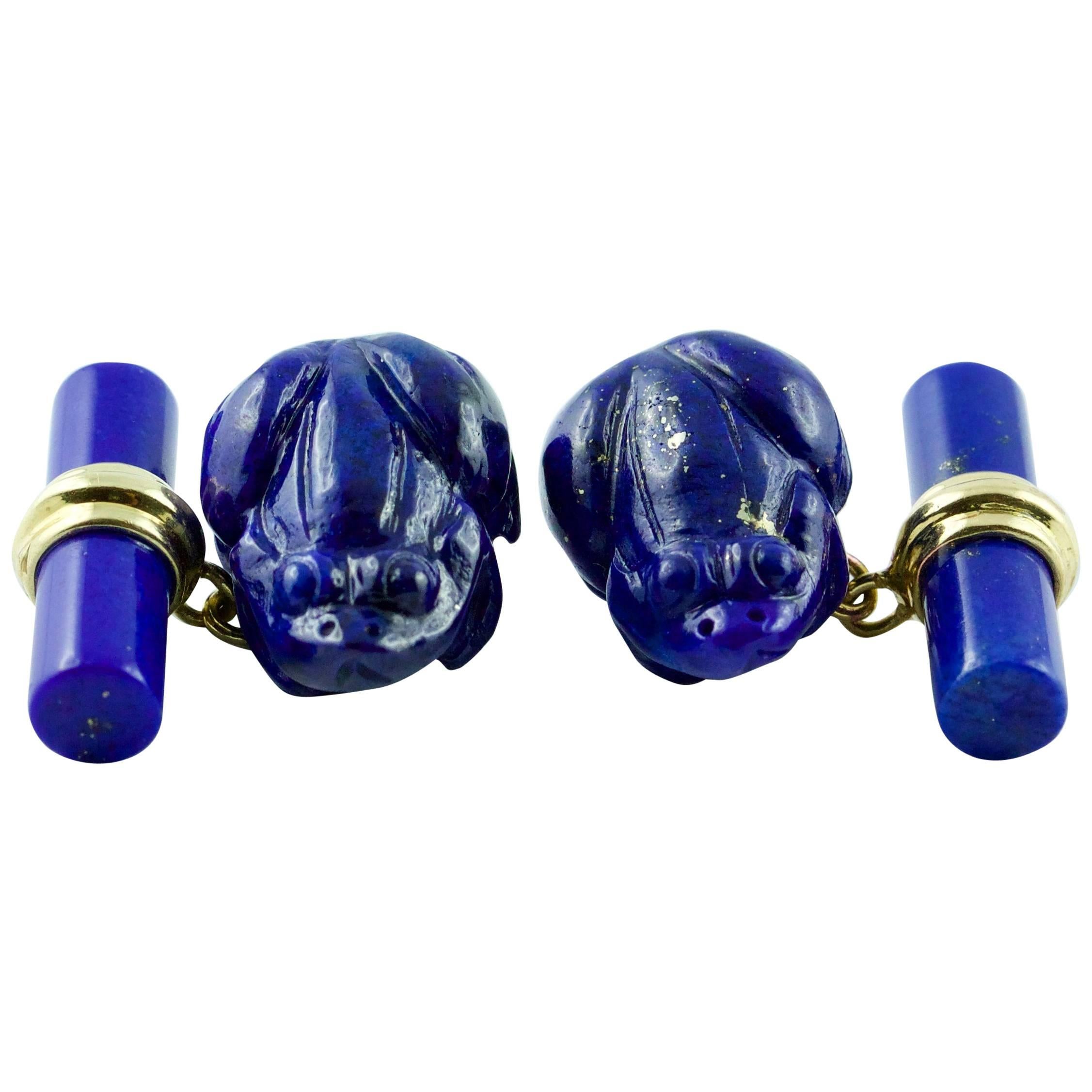 18 Karat Yellow Gold Frog Cufflinks in Lapis Lazuli